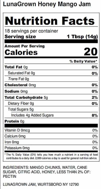 LunaGrown Honey Mango Jam Nutrition label