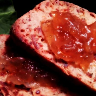 LunaGrown Onion Jam on bacon cheddar biscotti