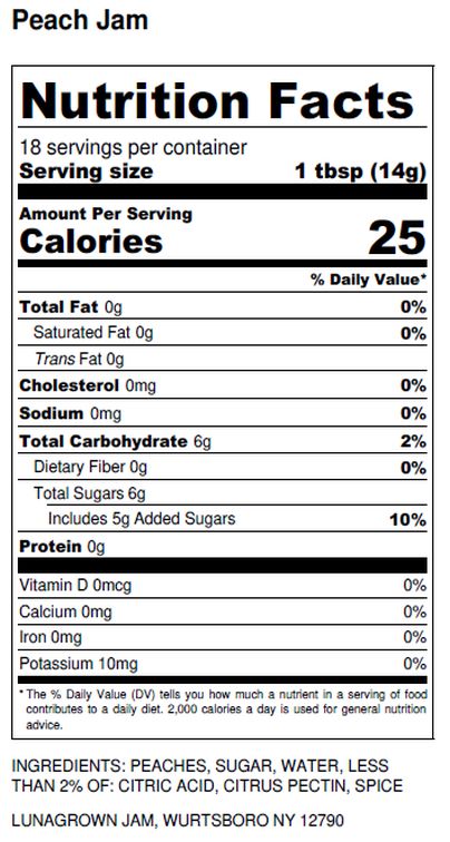 LunaGrown Peach Jam Nutrition Label