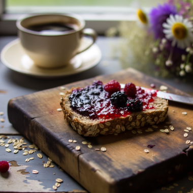 Razzelberry jam on oatmeal bread