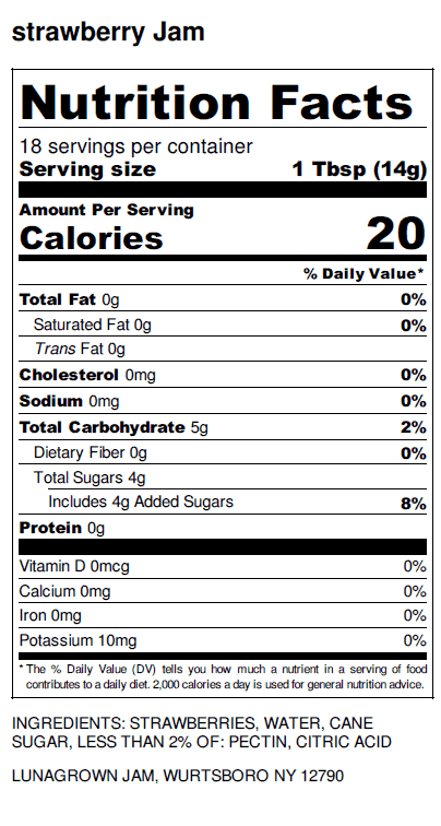 lunagrown strawberry jam nutrition label