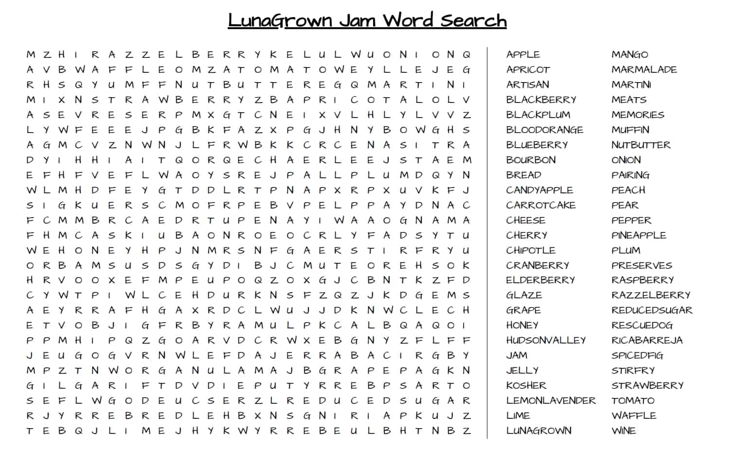 LunaGrown Jam word search