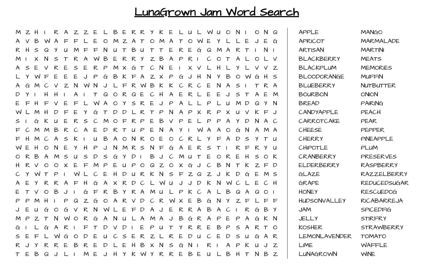 LunaGrown Jam word search